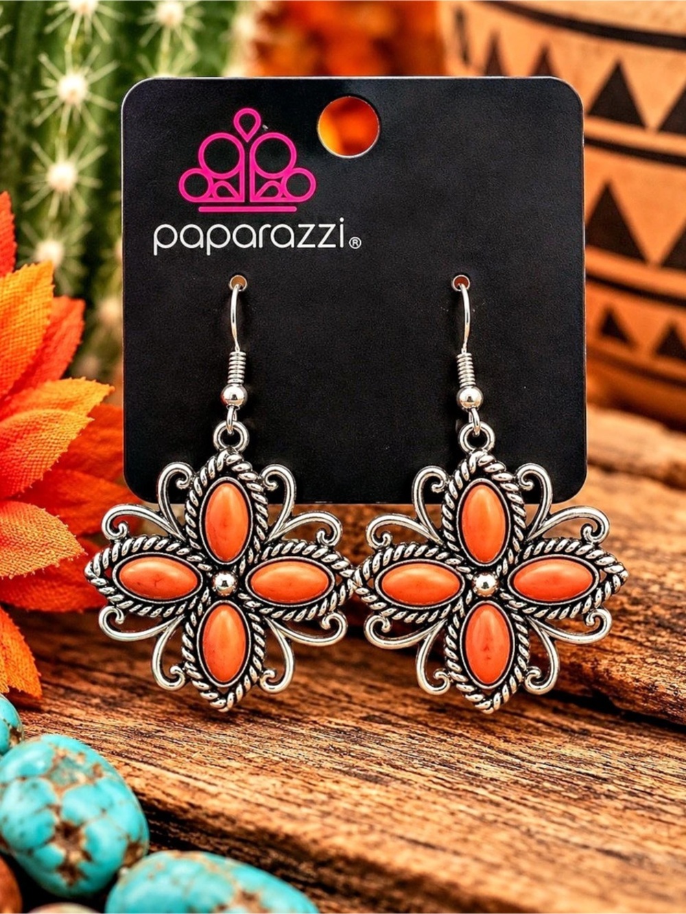 Paparazzi Badlands Ballad Orange & Silver Floral Earrings